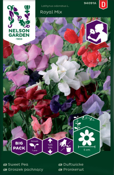Produktbild von Nelson Garden Duftwicke Royal Mix Big Pack mit farbenfrohen Blumen, Verpackungsdesign und Pflanzeninformationen.