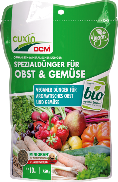 Produktbild von Cuxin DCM Spezialdünger für Obst & Gemüse in einer 750g Packung mit Vegan-Label und verschiedenen abgebildeten Obst- und Gemüsesorten.