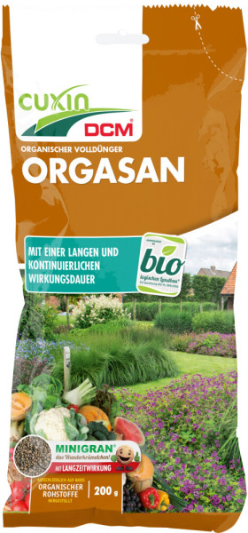 Produktbild von Cuxin DCM Orgasan Organischer Volldünger Minigran 200g mit Abbildungen von Pflanzen und Gemüse sowie Produktinformationen in deutscher Sprache.