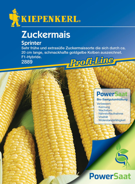Produktbild von Kiepenkerl Mais Zuckermais Sprinter PowerSaat mit Abbildung von Maiskolben und Informationen zu Vorteilen der Sorte in deutscher Sprache.