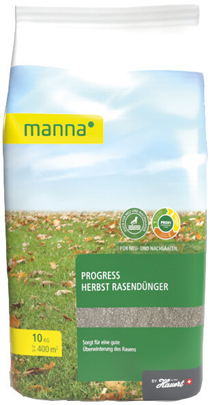 Produktbild des MANNA Progress Herbst Rasenduengers in einer 10kg Verpackung mit Hinweisen für eine gute Ueberwinterung des Rasens.