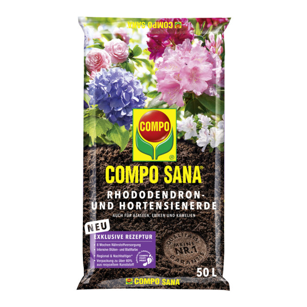 Produktbild von COMPO SANA Rhododendron- und Hortensienerde in einer 50l Verpackung mit Blumenabbildungen und Produktinformationen auf Deutsch.