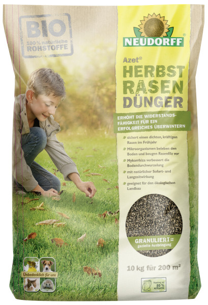 Produktbild von Neudorff Azet HerbstRasenDünger 10kg mit Bildern eines Jungen der Rasenpflege betreibt und Hinweisen zu Bio-Rohstoffen, Widerstandsfähigkeit und Umweltfreundlichkeit in deutscher Sprache.