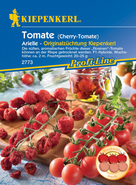 Produktbild von Kiepenkerl Cherry-Tomate Arielle F1 mit frischen und getrockneten Tomaten auf einem Holzbrett und Verpackungsinformationen im Hintergrund.