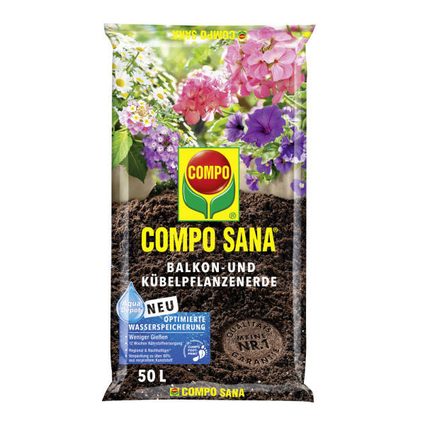 Produktbild von COMPO SANA Balkon- und Kübelpflanzenerde 30l mit farbiger Marken- und Produktkennzeichnung vor einer Blumenmotiv Kulisse.