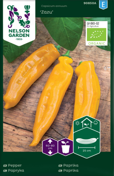 Produktbild von Nelson Garden BIO Paprika Zazu mit Darstellung der gelben Schoten und Blatt auf Holzuntergrund sowie Verpackungsdesign mit Bio-Siegel und Anbauinformationen.