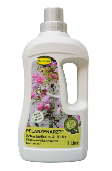 Produktbild von Schacht PFLANZENARZT Schachtelhalm und Hafer Pflanzenstärkungsmittel Konzentrat in einer 1-Liter-Flasche mit Produktinformationen.