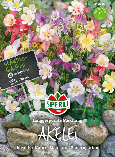 Produktbild von Sperli Akelei Langgespornte Mischung mit bunten Blumen und Verpackungsinformationen ideal für Natur-, Stein- und Bauerngärten.