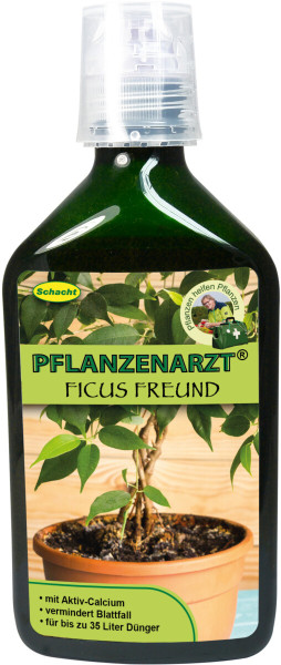 Produktbild von Schacht Pflanzenarzt Ficus Freund in einer 350ml Squeeze-Flasche mit Hinweisen zu Aktiv-Calcium vermindertem Blattfall und Ergiebigkeit für bis zu 35 Liter Dünger.