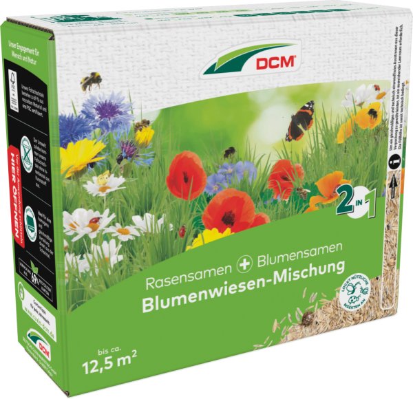 Produktbild von Cuxin DCM Blumensamen Blumenwiesen-Mischung 265g in einer grünen Streuschachtel mit Abbildungen von Blumen und Insekten sowie Produktinformationen.