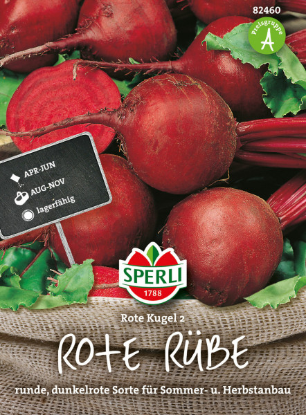 Produktbild von Sperli Rote Rübe Rote Kugel 2 mit geernteten dunkelroten Rüben und Textinformationen zur Sorte und Anbauzeiten auf Deutsch