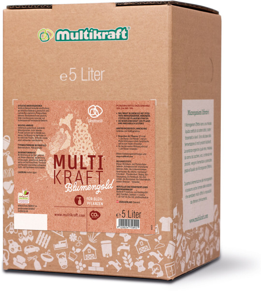 Produktbild des Multikraft Blumengold Bag in Box mit 5 Liter Inhalt für Blühpflanzen mit Markenlogo und Hinweisen zur Anwendung auf braunem Karton.