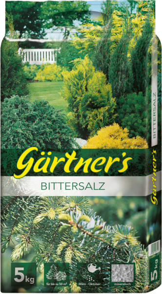 Produktbild von Gaertners Bittersalz 5kg Verpackung mit Abbildung eines Gartens und Informationen zu Anwendungsbereich, Gewicht und mineralischer Zusammensetzung in deutscher Sprache.
