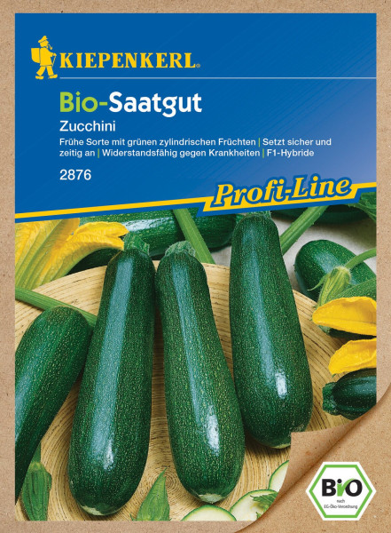 Produktbild von Kiepenkerl BIO Zucchini Saatgut Verpackung mit Darstellung grüner Zucchini und Informationen zur Sorte als frühe, krankheitsresistente F1-Hybride.