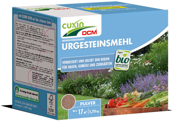 Produktbild der Verpackung von Cuxin DCM Urgesteinsmehl Pulver in einer 1, 75, kg Streuschachtel zur Bodenverbesserung mit Hinweisen auf Bio-Qualität und Einsatzbereichen für Rasen, Gemüse und Ziergärten in deutscher Sprache.