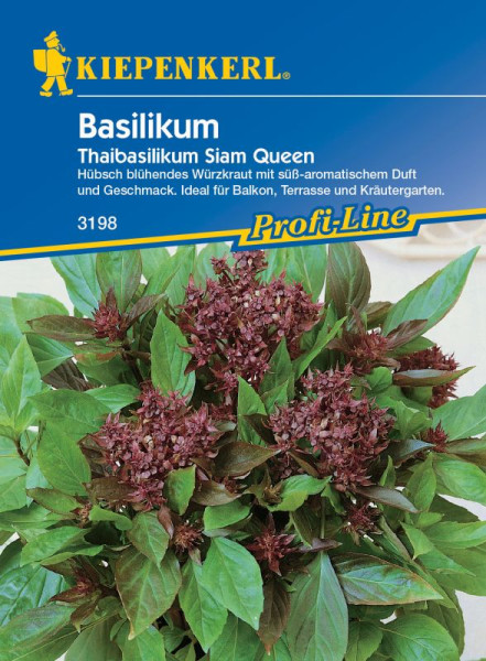 Produktbild von Kiepenkerl Thaibasilikum Siam Queen mit Darstellung der Pflanze und Verpackung mit Produktinformationen und Anbauhinweisen auf Deutsch.