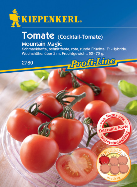 Produktbild von Kiepenkerl Cocktail-Tomate Mountain Magic F1 mit reifen Tomaten und einer aufgeschnittenen Tomate auf einer Glasplatte Informationen zum Produkt und Logo der Marke Kiepenkerl im Hintergrund.
