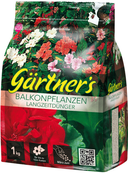 Produktbild von Gärtners Balkonpflanzen-Langzeitdünger 1kg Verpackung mit farbenfrohen Blumen und Informationen zur Anwendung.