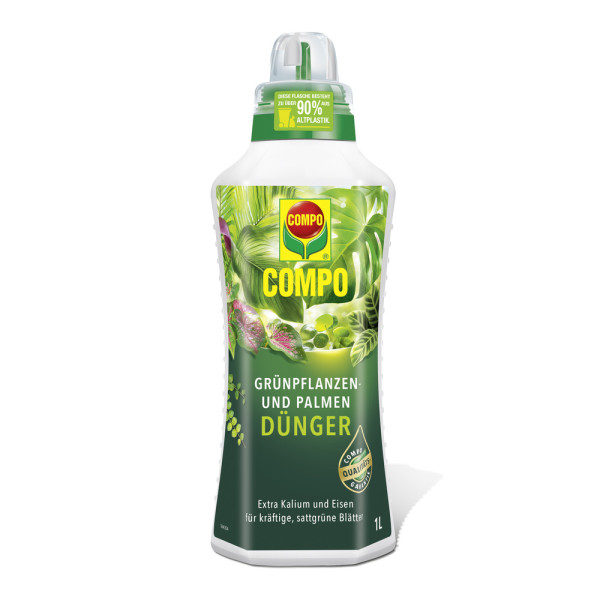 Produktbild von COMPO Grünpflanzen und Palmendünger 1 Liter Flasche mit Hinweisen auf Extra Kalium und Eisen für kräftige Blätter.