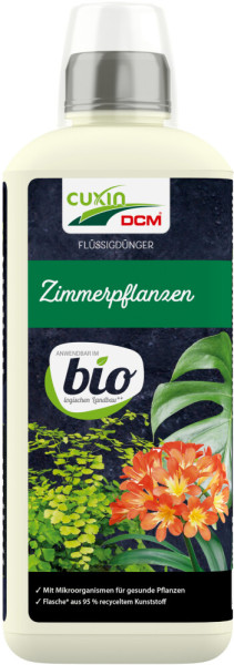 Produktbild von Cuxin DCM Flüssigdünger für Zimmerpflanzen BIO in einer 0, 8, Liter Flasche mit Kennzeichnungen für Bio-Anbau und Hinweis auf Flaschenmaterial aus recyceltem Kunststoff.