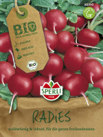 Produktbild von Sperli BIO Radieschen Saatguttüte mit Abbildung von reifen Radieschen und einem Bio-Siegel sowie Informationen zu Aussaatzeit und... Produktbild von Sperli BIO Radieschen Saatguttüte mit Abbildung von reifen Radieschen und einem Bio-Siegel sowie Informationen zu Aussaatzeit und Eigenschaften der Sorte in deutscher Sprache.