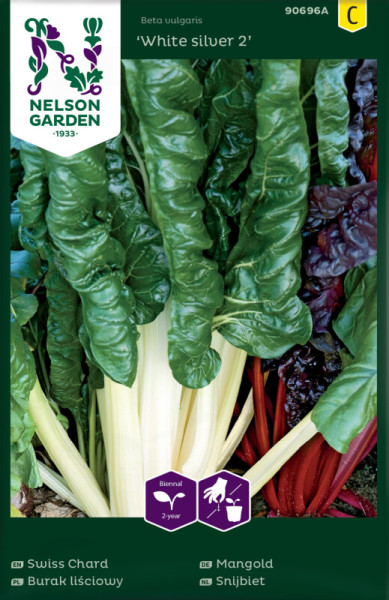 Produktbild von Nelson Garden Mangold White Silver 2 mit Darstellung der Pflanze und Verpackungsdesign inklusive Logo und mehrsprachigen Produktbezeichnungen