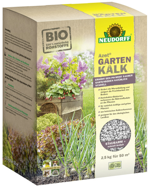 Produktbild von Neudorff Azet GartenKalk in einer 2, 5, kg Verpackung mit Produktinformationen und Anwendungsempfehlungen in deutscher Sprache sowie Abbildungen von Pflanzen und Gärten.