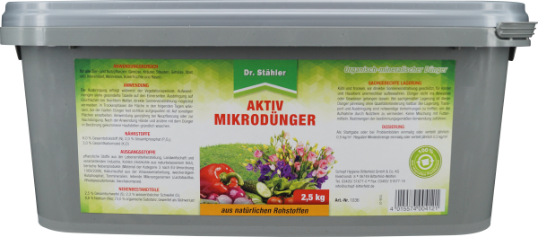Produktbild von Dr. Stähler Aktiv Mikrodünger fest in einer 2, 5, kg Packung mit Produktinformationen und Anwendungsanleitung in deutscher Sprache.