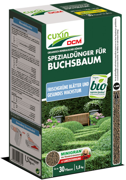 Produktbild von Cuxin DCM Spezialdünger für Buchsbaum Minigran in einer 1, 5, kg Streuschachtel mit Anweisungen, Produktinformationen und Gartenabbildung.