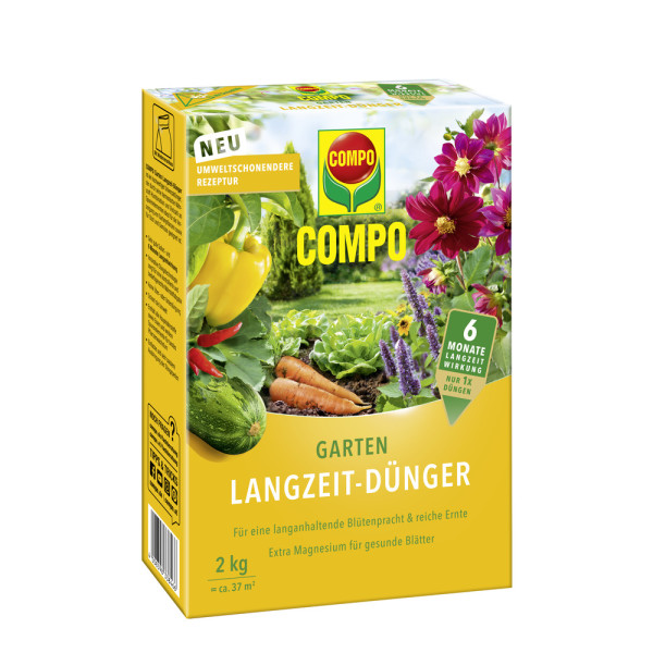 Produktbild des COMPO Garten Langzeit-Dünger in einer 2kg Packung mit Aufschrift von Produktvorteilen und Abbildung diverser Pflanzen.