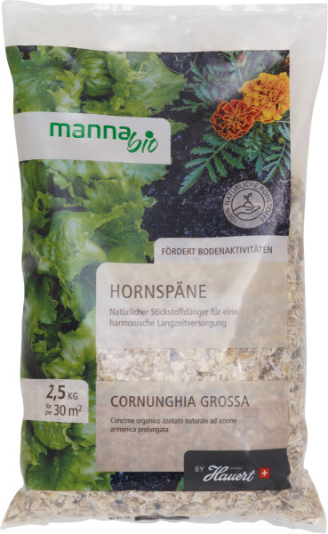 Produktbild von MANNA Bio Hornspäne in einer 2, 5, kg Verpackung mit Pflanzenmotiven und Informationen zum Düngemittel in deutscher und italienischer Sprache.