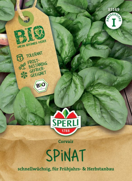 Produktbild von Sperli BIO Spinat Saatgutverpackung mit frischem Spinat im Hintergrund und Informationen zur Schnellwüchsigkeit sowie Eignung für Frühjahrs- und Herbstanbau in deutscher Sprache.
