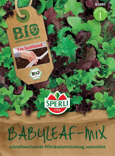 Produktbild von Sperli BIO Pflücksalat Babyleaf Mischung Saatband mit Darstellung verschiedenfarbiger Salatblätter Hintergrund und Verpackungsdesign in deutscher Sprache samt Markenlogo.