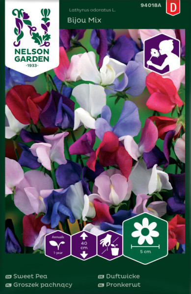 Produktbild von Nelson Garden Duftwicke Bijou Mix mit bunten Blüten und Informationen zu Pflanzeneigenschaften auf Deutsch und anderen Sprachen.