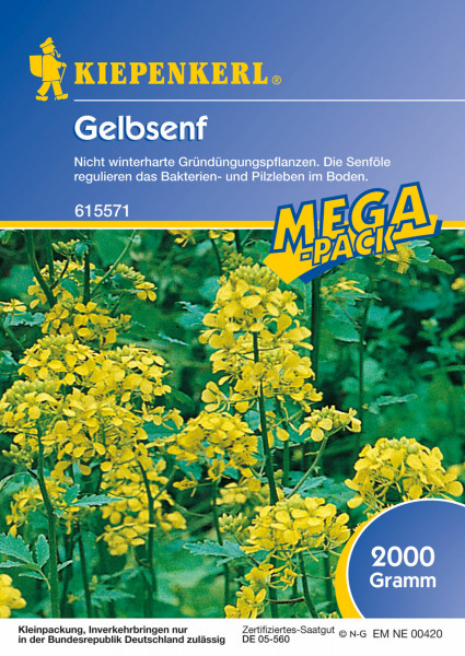 Produktbild von Kiepenkerl Gelbsenf 2 kg Verpackung mit der Darstellung blühender Gelbsenfpflanzen und Informationen zur nicht winterharten Gründungspflanze sowie Gewichtsangabe
