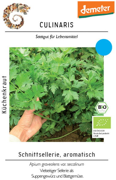 Produktbild von Culinaris BIO Schnittsellerie mit Pflanzenabbildung und Verpackungsdesign samt Logo, Siegel für biologischen Anbau und Produktbeschreibung.
