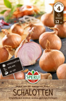 Produktbild von Sperli Schalotten Biztro mit Darstellung der Schalotten und einer halbierten Schalotte auf einer Holzoberfläche sowie Informationen zum... Produktbild von Sperli Schalotten Biztro mit Darstellung der Schalotten und einer halbierten Schalotte auf einer Holzoberfläche sowie Informationen zum Inhalt und Pflanzzeitraum.