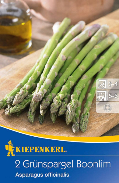 Produktbild von Kiepenkerl Grünspargel Boonlim Asparagus officinalis Verpackung mit frischem Spargel und Pflanz- sowie Pflegehinweisen.