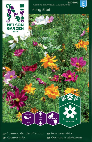 Produktbild von Nelson Garden Kosmeen-Mix Feng Shui Samenpackung mit bunten Kosmeen-Blüten und Pflanzinformationen auf Deutsch.