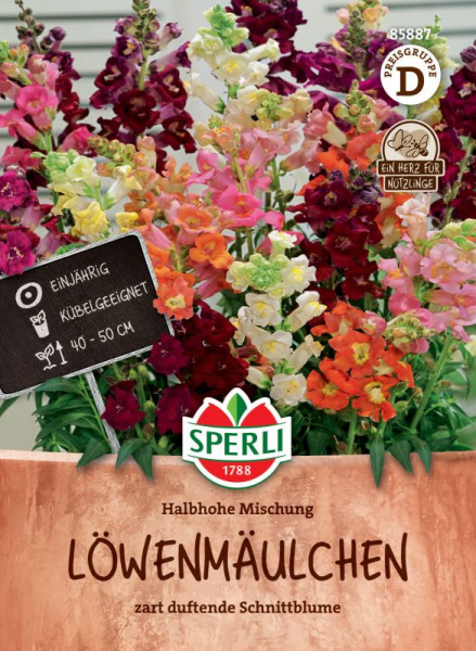 Produktbild von Sperli Löwenmäulchen Halbhohe Mischung mit bunten Blüten und Produktinformationen auf Deutsch.