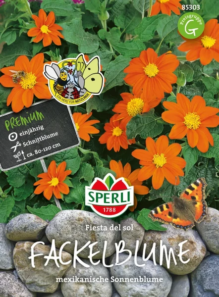 Produktbild von Sperli Tithonie Fackelblume Fiesta del Sol mit leuchtend orangefarbenen Blüten, Informationschild und Verpackungsdetails.