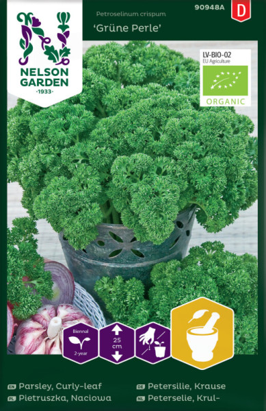 Produktbild von Nelson Garden BIO Krause Petersilie Grüne Perle mit Darstellung der Pflanze und Informationen zu Anbau und Bio-Zertifizierung.