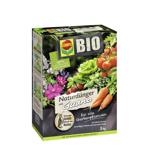 Produktbild von COMPO BIO NaturDünger Guano 1kg Verpackung mit Bildern von Tomaten, Kräutern und Blumen sowie Informationen zu 100 Prozent natürlichen Inhaltsstoffen und Anwendbarkeit für alle Gartenpflanzen.