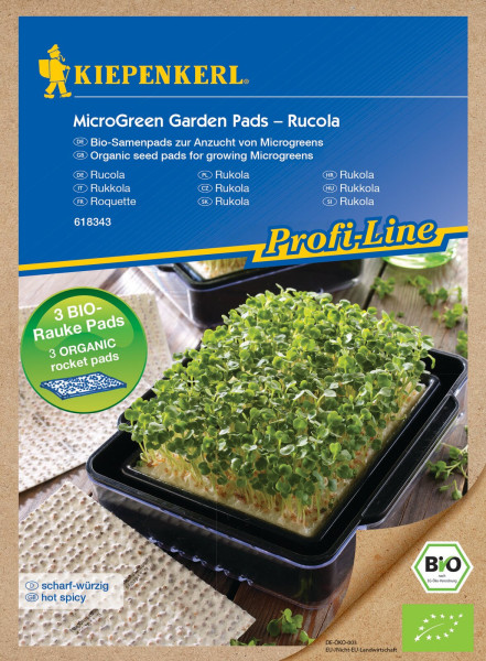 Produktbild von Kiepenkerl BIO Microgreen Pads Rucola Nachfüllpad mit Pflanzen und Samenpads Verpackung mit mehrsprachigen Produktinformationen und Bio-Siegel