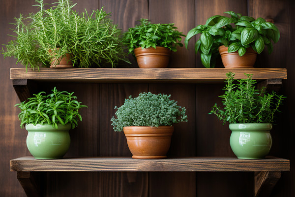 2400-ai-generated-basil-rosemary-thyme-in-old-pots-on-a-wooden-shelf-generated-by-artificial-intelligence