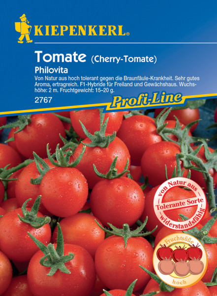 Produktbild von Kiepenkerl Cherry-Tomate Philovita F1 mit Markenlogo und Informationen zur Sorte wie hohe Toleranz gegen Braunfäule ertragreich und Wuchshöhe auf Deutsch.