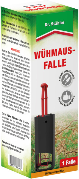 Produktbild der Dr. Stähler Wühlmaus-Falle mit rotem Handgriff und schwarzer Falle auf Verpackung mit Beschreibung und Anwendungsanweisung in deutscher Sprache wiederverwendbar und für den Gartenbau geeignet