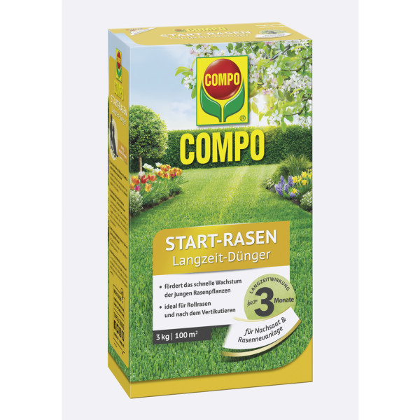 Produktbild von COMPO Start-Rasen Langzeit-Duenger 3kg mit Angaben zur Foerderung des Wachstums junger Rasenpflanzen und einer Wirkdauer von 3 Monaten.