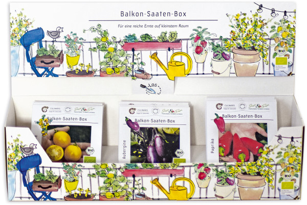 Produktbild der Culinaris BIO Balkon Saaten Box mit zehn verschiedenen Sorten vor einer Illustration eines bepflanzten Balkons.