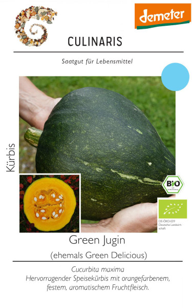 Produktbild von Culinaris BIO Kürbis Green Jugin mit dem Demeter-Label, Bildern eines grünen Kürbisses und dessen orange-fleischigem Querschnitt, Informationen zu Art und Eigenschaften in deutscher Sprache.